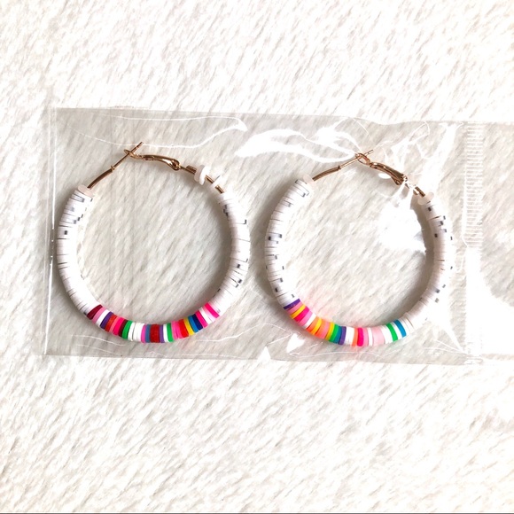 ⚡️2 for $15 Multicolor Round Beaded Hoop Earrings Clay & Zinc Alloy - Picture 2 of 2